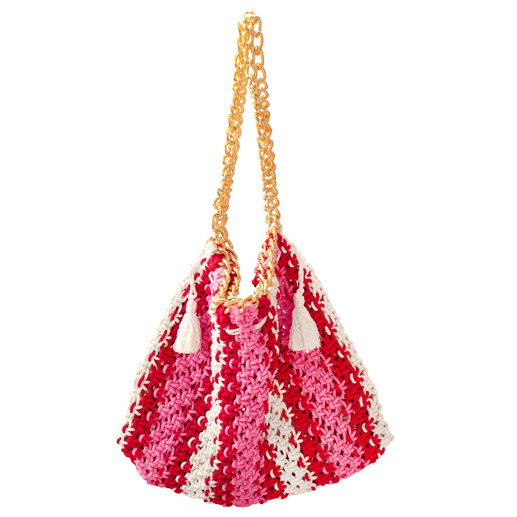 The Colette Macrame Beach Bag In Pink & Red