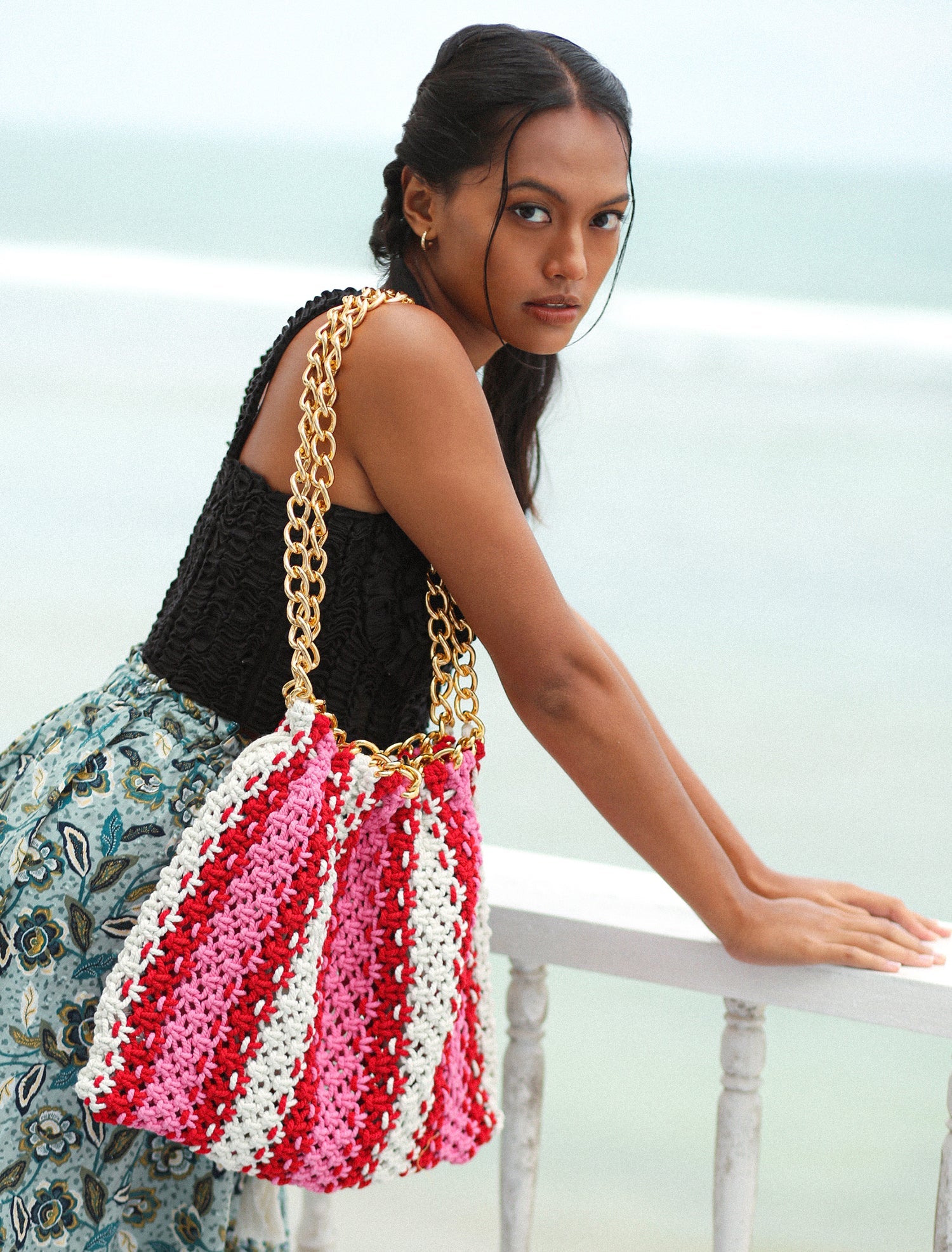 The Colette Macrame Beach Bag In Pink & Red